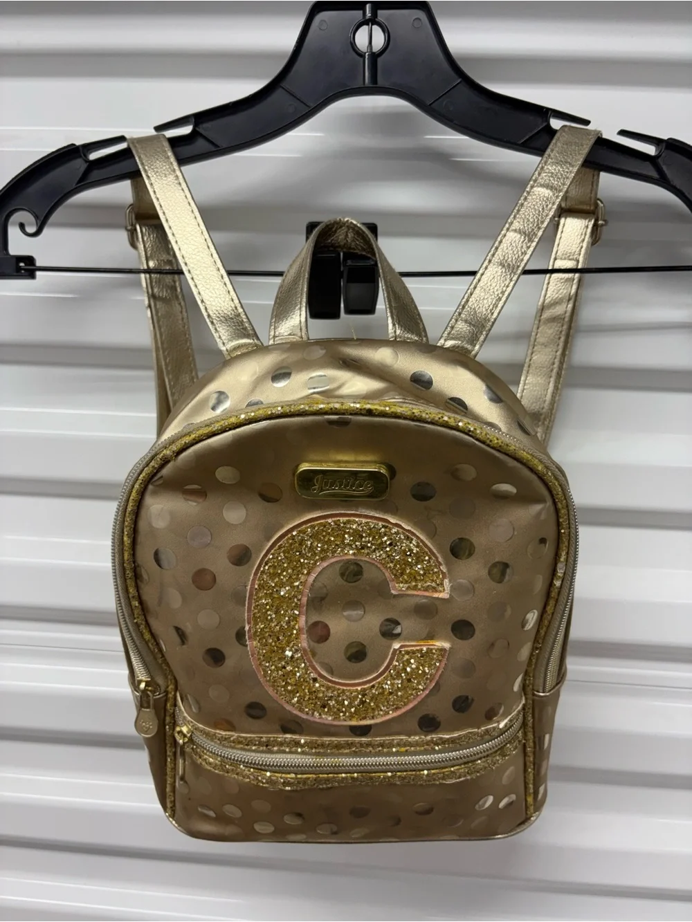 Justice Gold Mini Faux Leather Polka Dot Backpack Glitter Letter C Zip Pockets